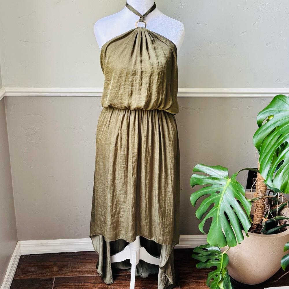 Chelsea & Theodore Olive Halter Style High Low Sundress
